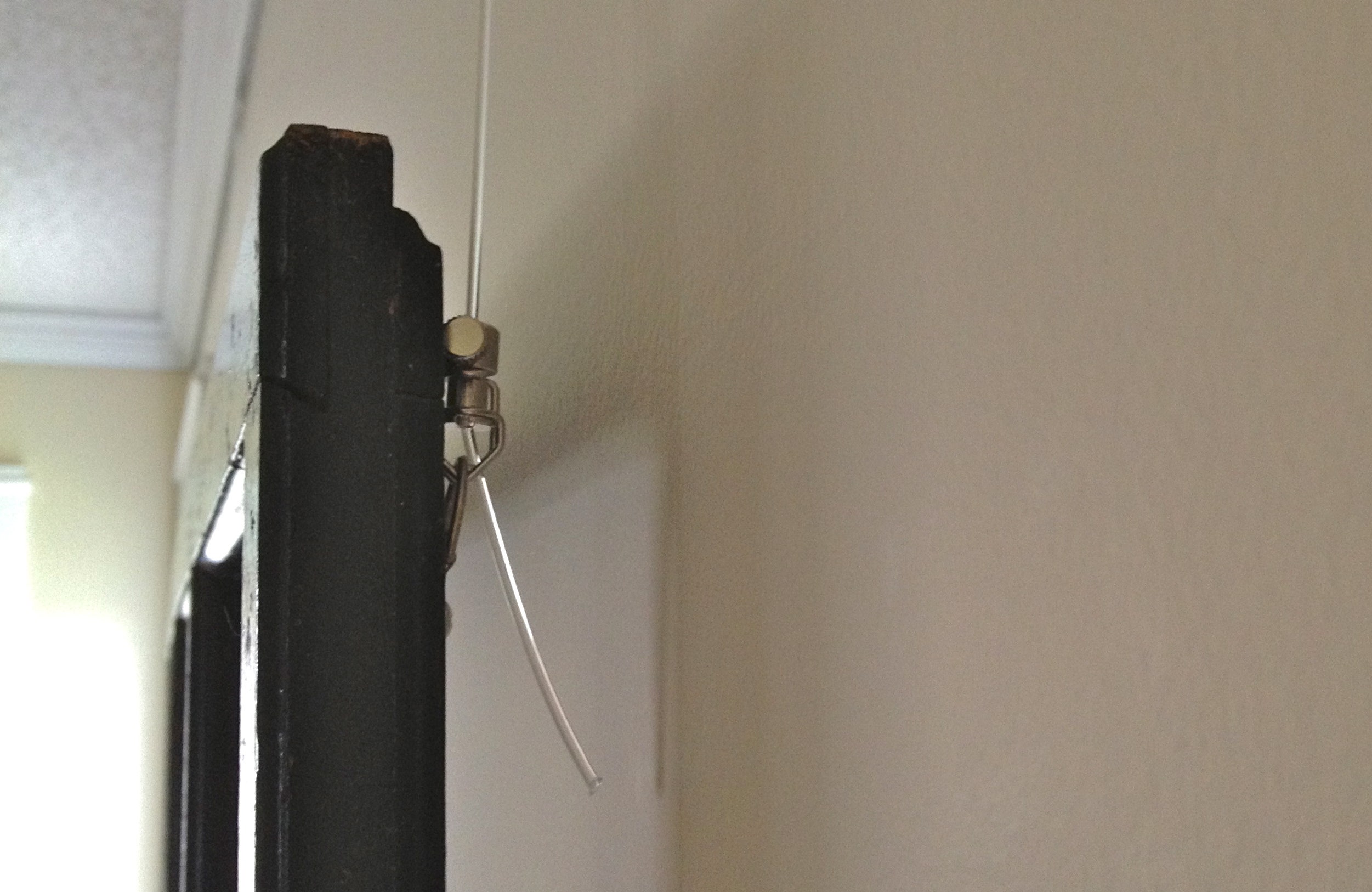Mini Hooks hang from D-Rings by AS Hanging Systems mounted to Storm Window.