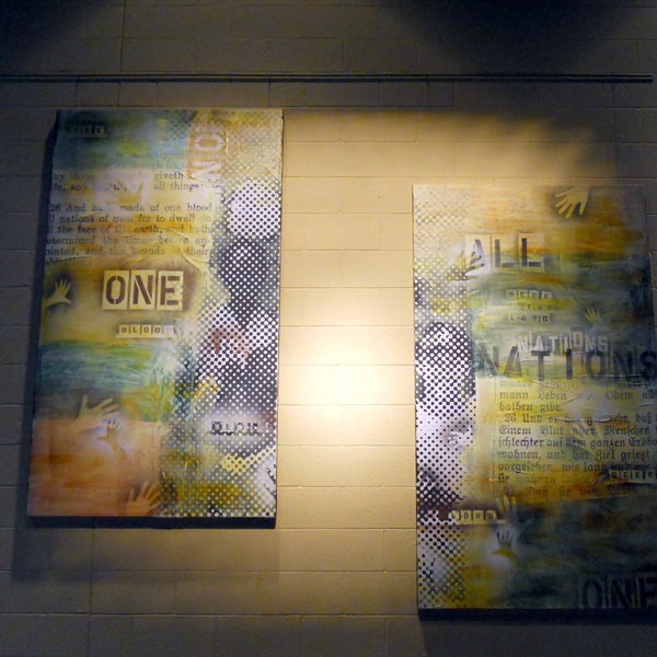 Church community center hanging messages on concrete block walls using fittings from AS Hanging Systems.