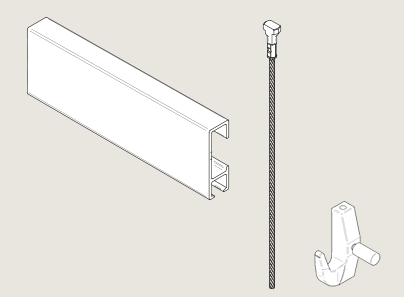 Track with cable or rod and hook or fitting by AS Hanging Display Systems. 