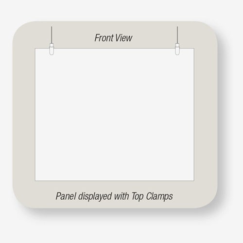 Top Clamps by AS Hanging Display Systems hang unframed panel substrate.