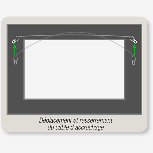 Rear view of hang wire relocated and tightened to manage "face forward" frame tilt by AS Hanging Display Systems