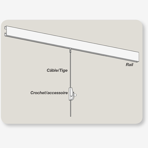 Track with cable or rod and hook or fitting by AS Hanging Display Systems.